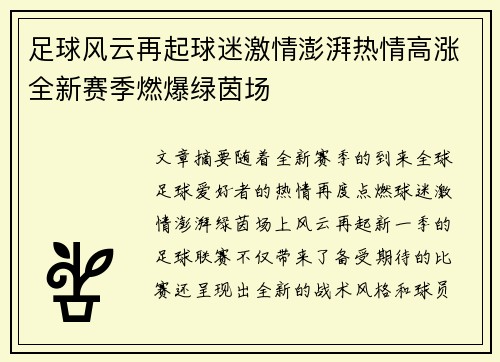 足球风云再起球迷激情澎湃热情高涨全新赛季燃爆绿茵场