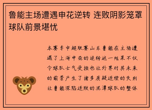 鲁能主场遭遇申花逆转 连败阴影笼罩球队前景堪忧