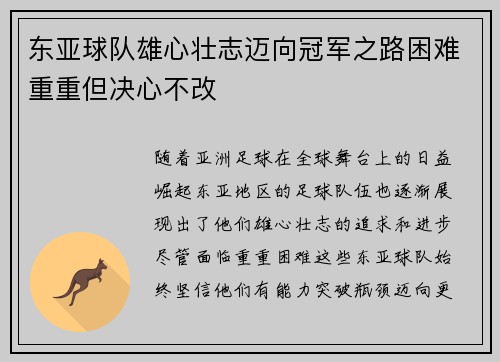东亚球队雄心壮志迈向冠军之路困难重重但决心不改