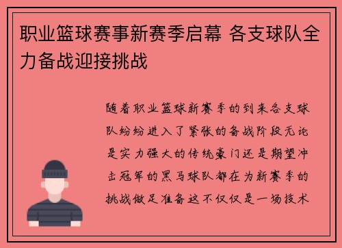 职业篮球赛事新赛季启幕 各支球队全力备战迎接挑战