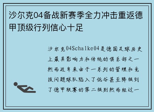 沙尔克04备战新赛季全力冲击重返德甲顶级行列信心十足