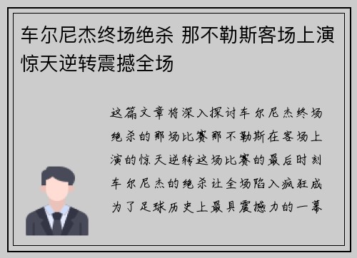 车尔尼杰终场绝杀 那不勒斯客场上演惊天逆转震撼全场